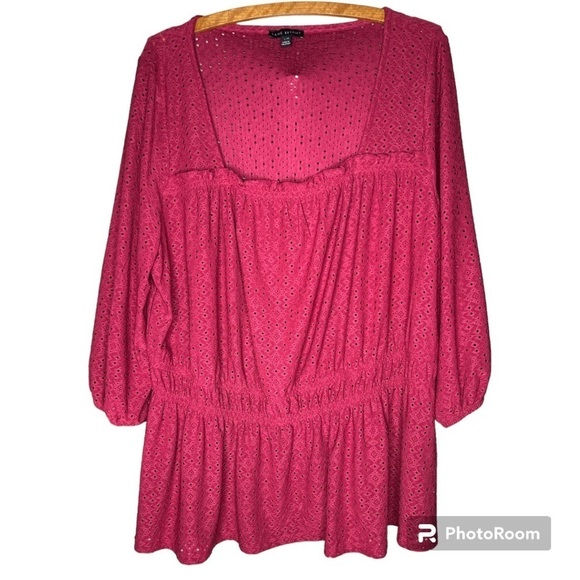 LANE BRYANT Pink Eyelet 3/4 Sleeve Square Neck Top Size 18/20 - Picture 1 of 16